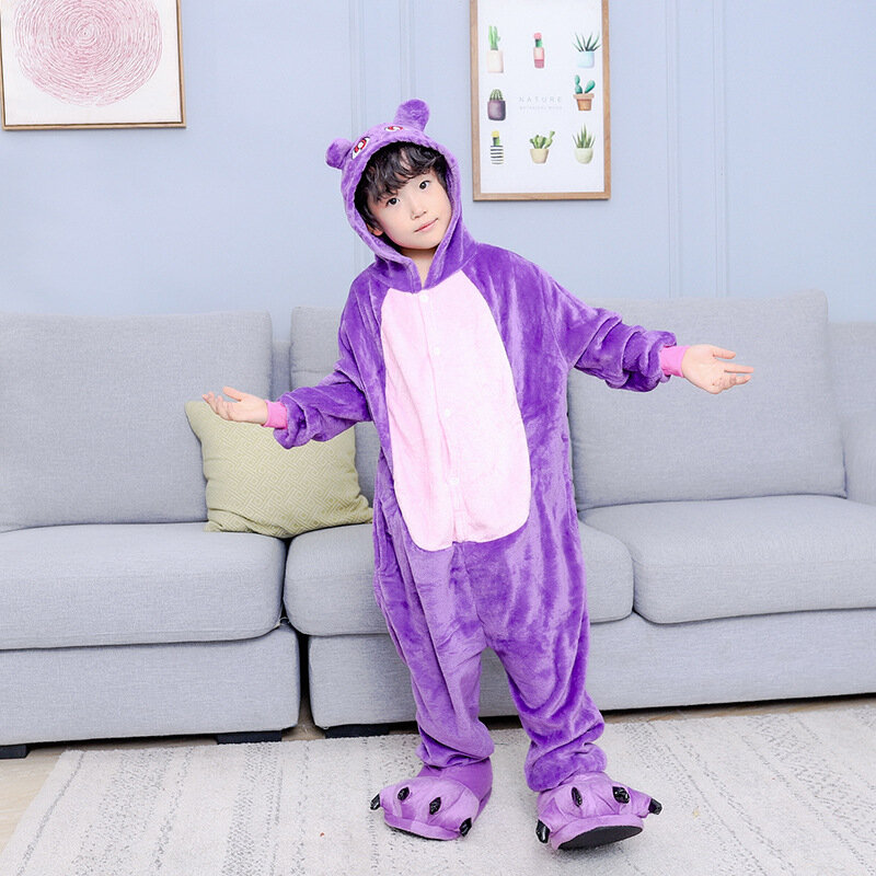 Пижама-кигуруми унисекс для взрослых, фланелевая сплошная пижама в виде фиолетового кота для детей, костюм для косплея на Рождество, ночная рубашка, комбинезон