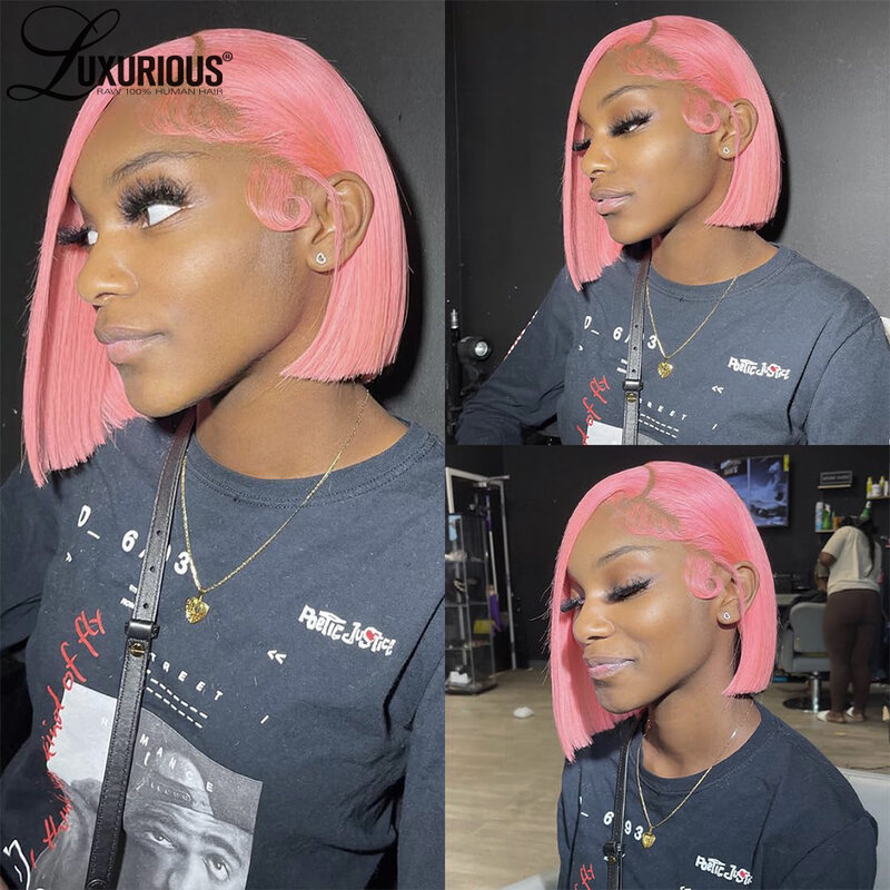 Peluca de cabello humano virgen Remy para mujeres negras, postizo de encaje Frontal transparente, Bob corte corto y liso, color rosa, 13x4