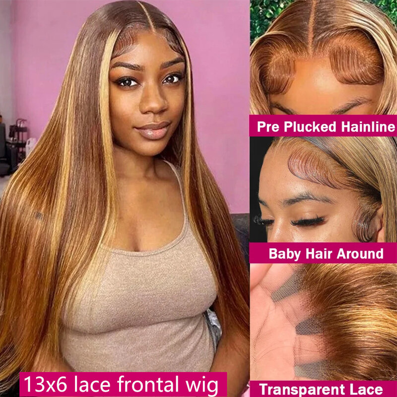 Transparente Glueless Bone Straight Lace Front Wig para Mulheres, Cabelo Humano Brasileiro, Destaque Lace Frontal Perucas, HD, 30, 13x4, 40, 13x6