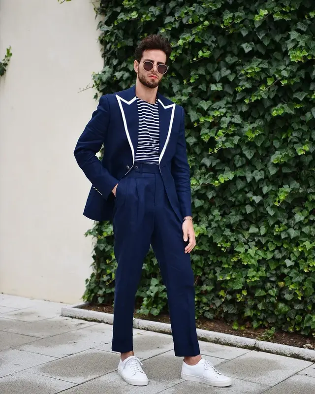 2024 Summer Fashion Blue Linen 2 Piece Men Suits Groom Tuxedos For Wedding Party Suits High Street Casual Slim Fit Costume Homme
