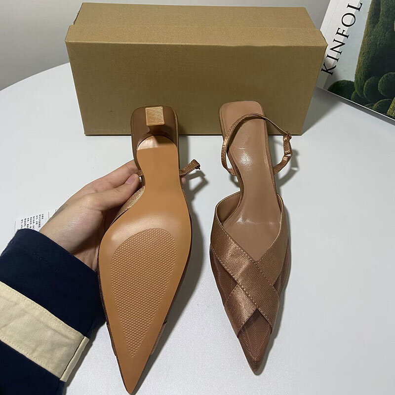 2024 Summer Thin Heel Splicing with Brown Style High Heel Shoes Women's Pointed Fashion Style Sandals Women's Trend