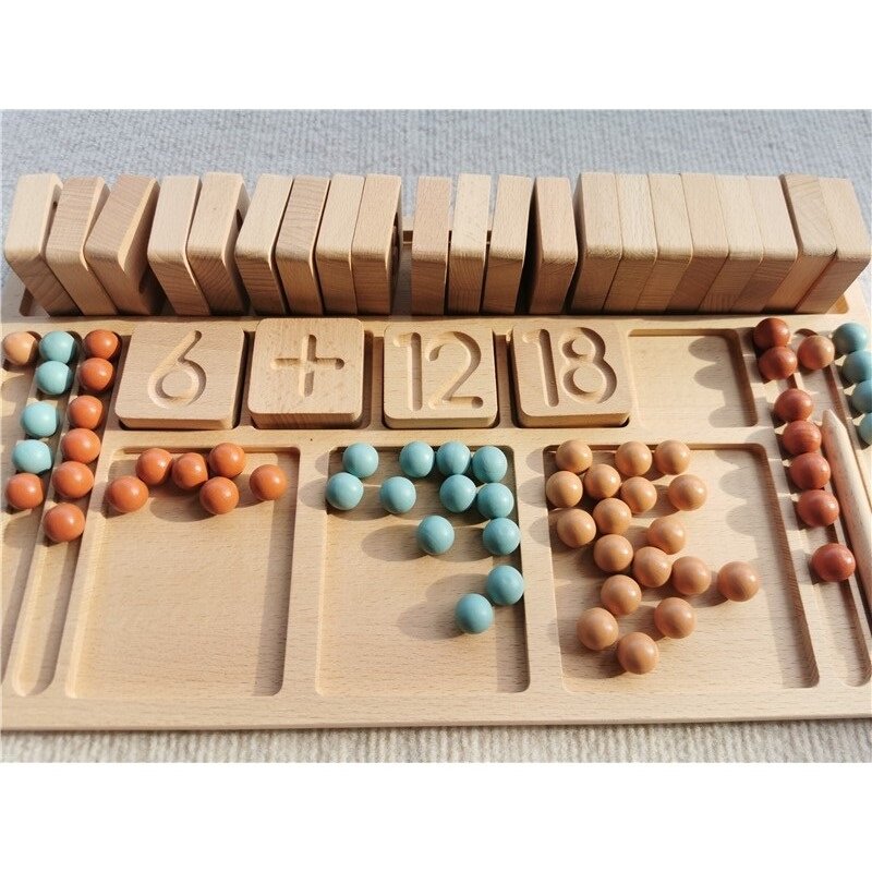 Children Wooden Montessori Toy  Educational Math Learning Tray Digital Addition Subtraction Blocks With Wood Beads