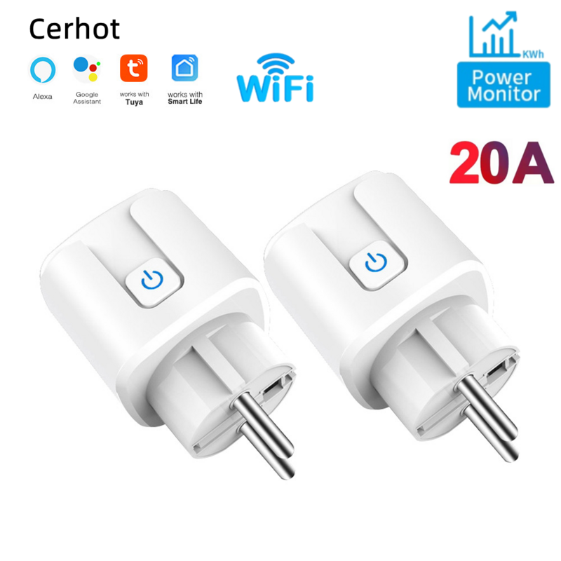 Cerhot-Tuya Adaptador de Tomada Inteligente, Power Outlet Set, 20A, Plug WiFi, Alexa Doméstico, Controle de Voz com Monitor de Energia, Função Temporizador