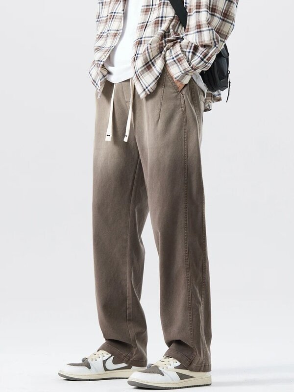 Pantalones vaqueros rectos de pierna ancha para hombre, pantalón holgado informal de algodón con cordón degradado, a la moda, otoño, 2023