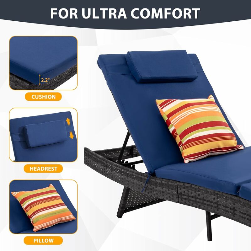 Rattan Wicker Chaise Lounge Set, Cadeiras de pátio para fora, espreguiçadeiras ajustáveis com almofadas e travesseiros para deck