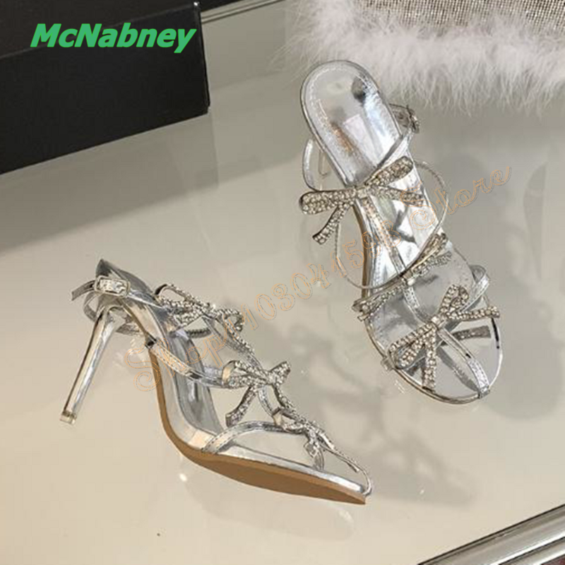 BlingBling Crystal Bow High Heel Sandals,Thin Heel Leather Buckle Women Shoes Wedding Party Heels 2023 New Zapatos Para Mujere