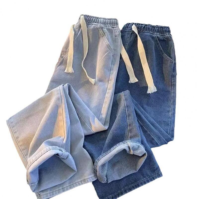กางเกงยีนส์ขากว้างกางเกงยีนส์สีทึบสำหรับผู้ชายเอวยางยืด celana Panjang Kolor มีกระเป๋าทรงหลวมพอดีกับกระเป๋า