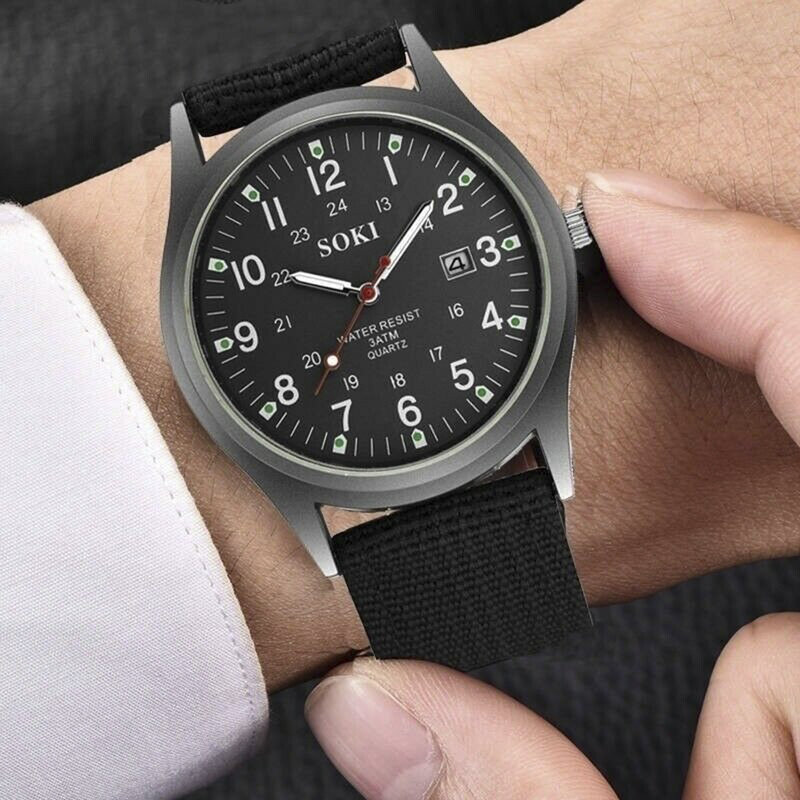 Jam tangan pria, jam tangan pria kasual militer, tali nilon, jam tangan olahraga, kalender, mode, jam tangan Quartz