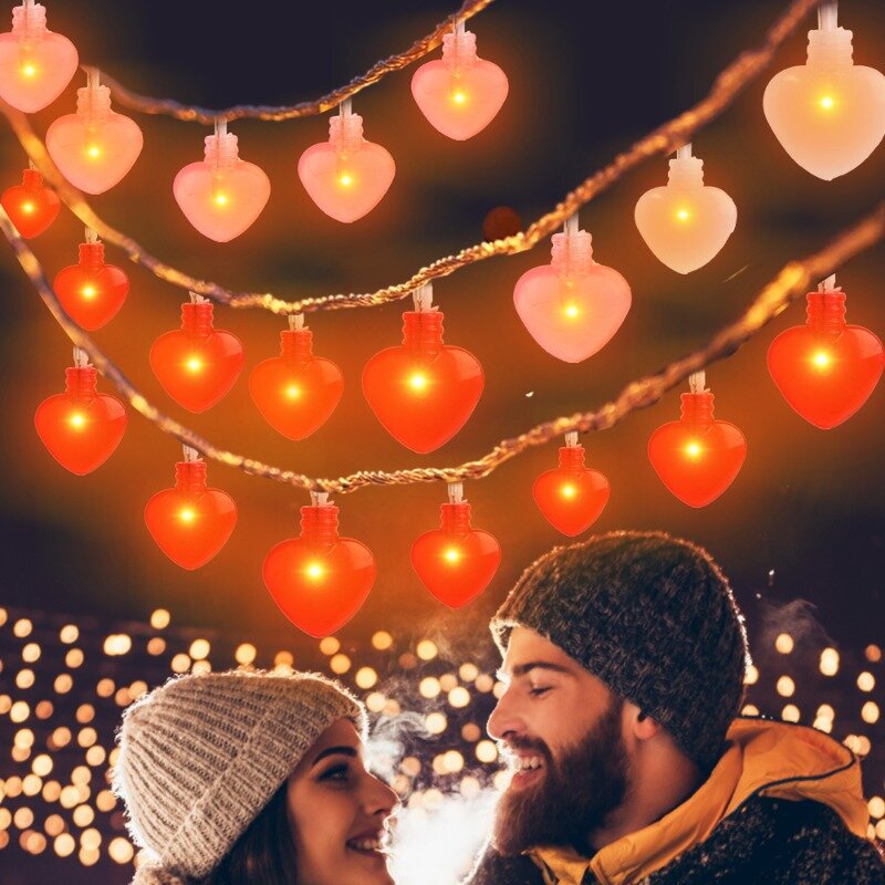 พวงมาลัยตกแต่งปาร์ตี้คริสต์มาสไฟสายประดับ LED รูปหัวใจใช้พลังงานแบตเตอรี่สำหรับนางฟ้าวันวาเลนไทน์พวงมาลัยสำหรับงานแต่งงานปีใหม่