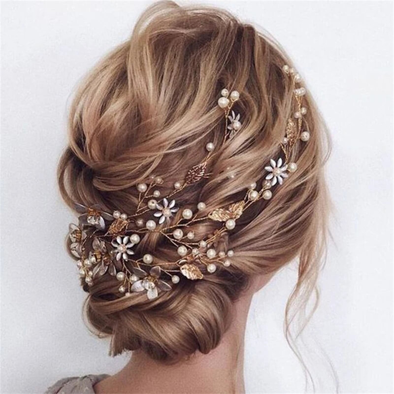Женский обруч для волос с жемчужинами, свадебный обруч для волос с цветами и листьями, украшение для невесты
