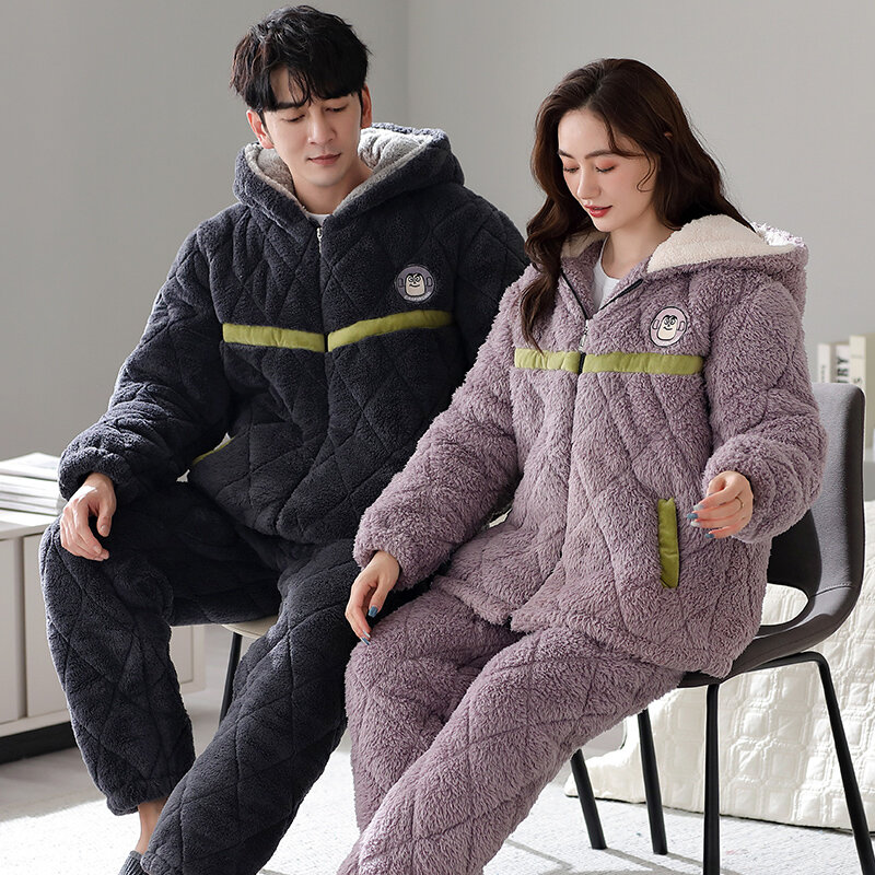 Conjunto de pijama grosso de algodão quente, 3 camadas, casal casual com capuz, roupa de casa