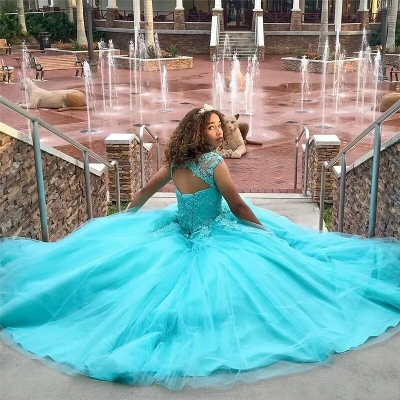 Sheer-Neck Ball Gown Quinceanera Dresses For 15 Party Formal Applique Tulle Princess Birthday Gowns Plus Size
