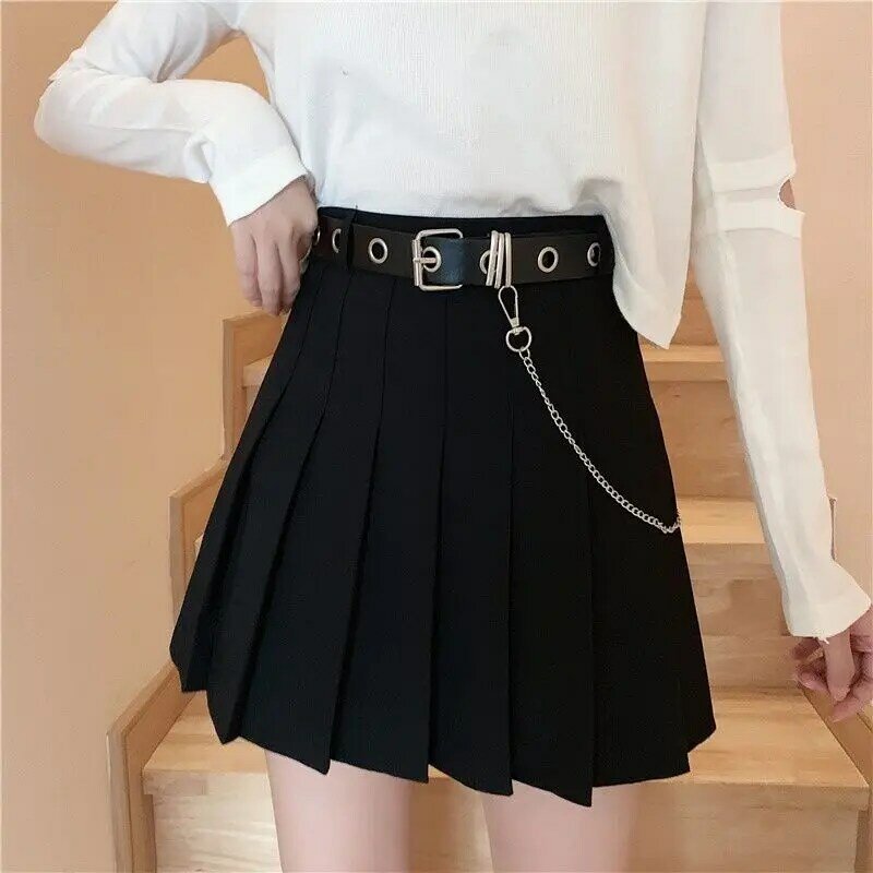 Y2k-minifalda plisada con cadena para mujer, ropa de trabajo negra de cintura alta, ajustada, retro, primavera y verano
