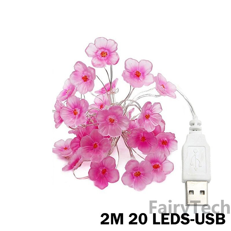 Flor de cerejeira guirlanda lâmpada, bateria ou USB operado, LED corda fadas luzes, interior flores de cristal, casamento, Natal decorações