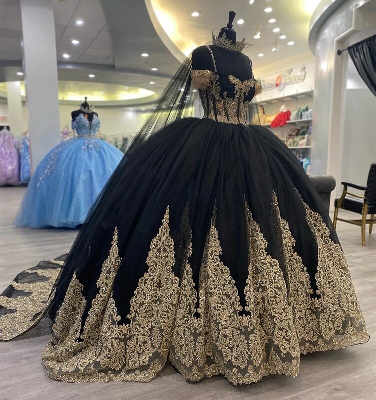 Vestidos de Quinceañera de princesa negra, vestido de baile con tirantes finos, apliques de tul, dulce 16, 15 Años, mexicano