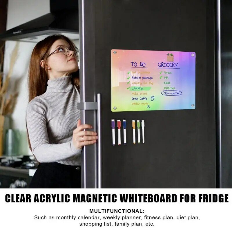 Planejador de geladeira com 6 marcadores, Placa branca acrílica apagável, Planejador decorativo magnético, Memo multifuncional
