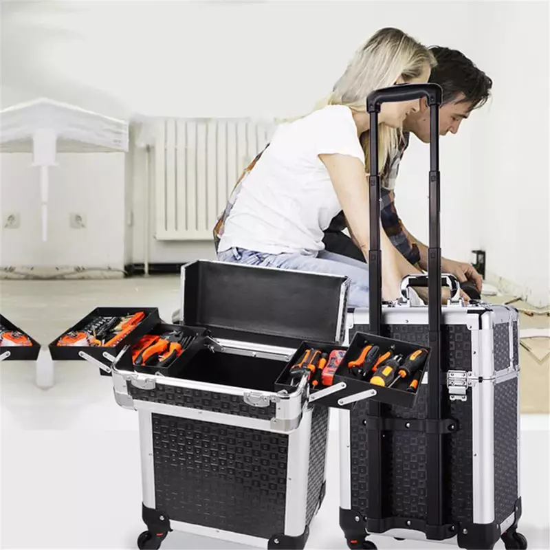 Large Capacity Alloy With Wheels Folding Tool Box High-Grade Professional Portable Box for Electrician Actor Tool Box shockproof
