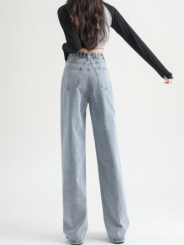 Jeans Pinggang Tinggi Wanita Ibu Mode Elastis Pinggang Celana Denim Lurus Kaki Longgar Fit Streetwear Gaya Musim Panas Celana Longgar