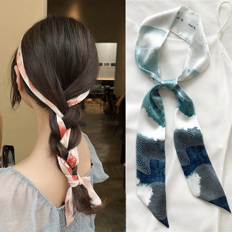 Длинная шелковая лента для волос с принтом для женщин Дамская бандана Шейная лента повязка на голову сумка шарф/шарфы популярные аксессуар...