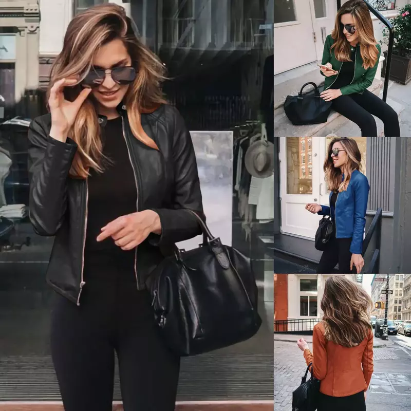 Women Faux Leather PU Small Suits New Zipper Moto Solid Fashion Jacket Female New Casual Street Slim Elegant Cloth Lugentolo
