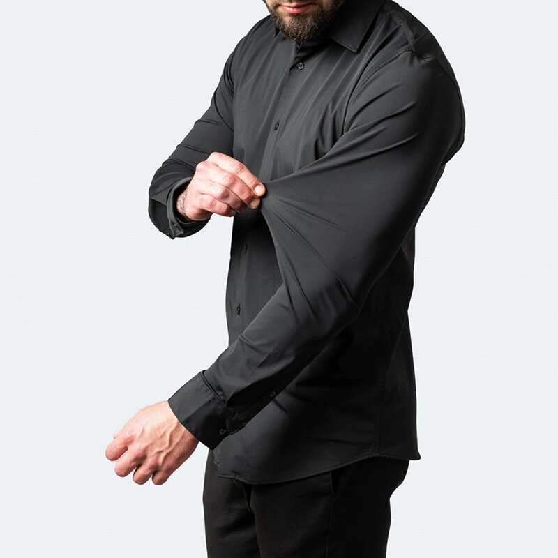 Plus Size wysoka elastyczność bezszwowa Spandex koszula męska z długim rękawem Slim Fit Casual jednolity kolor ubranie koszule społeczna 50-110KG