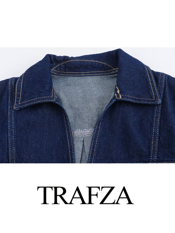 TRAFZA 여성용 하이 스트리트 셔츠, 데님 턴 다운 칼라, 반팔 포켓 장식, 트렌디한 Traf 여름 상의, 2024