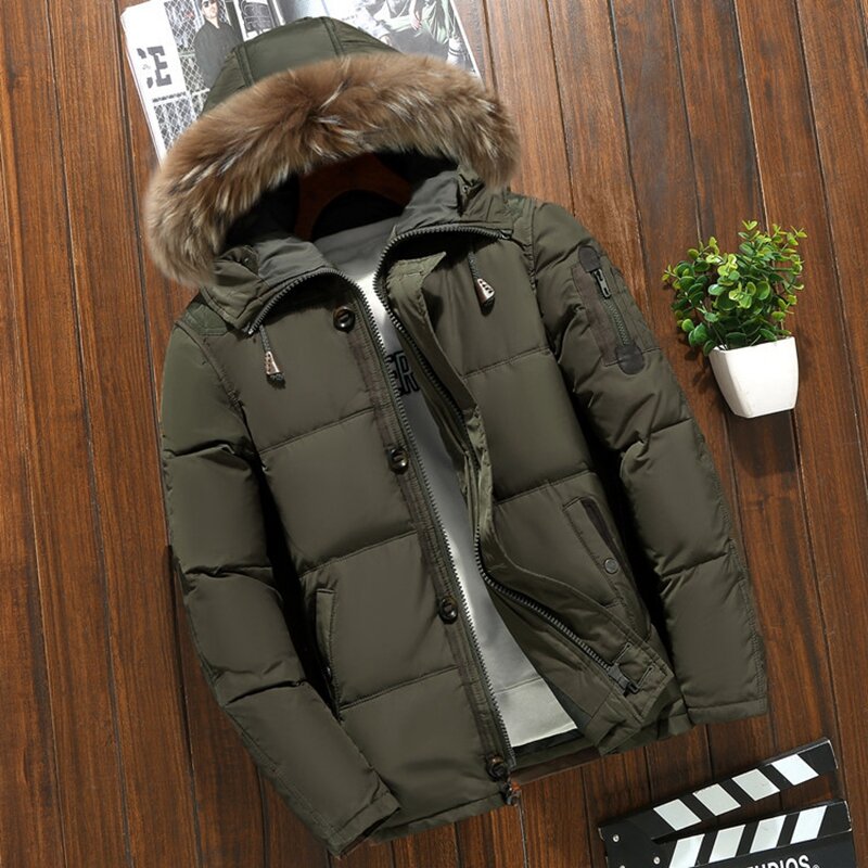 Зимние куртки с большим меховым капюшоном, пальто, мужские теплые высококачественные пуховики, Мужская Повседневная зимняя верхняя пуховая куртка