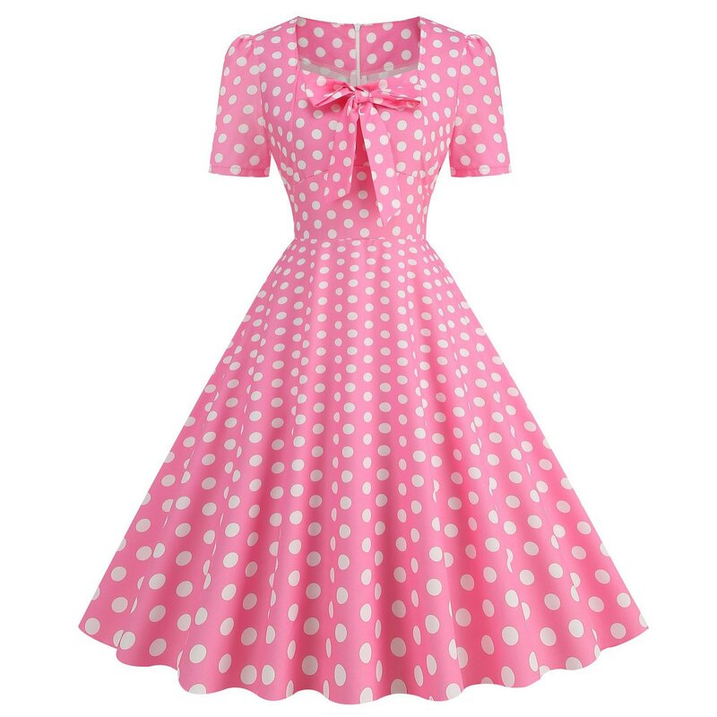 Formal Wedding Guest Dress Elegant Short Sleeve Square Neck Polka Dot Bownot A-Line Pink Dress Vintage Retro Birthday Dress