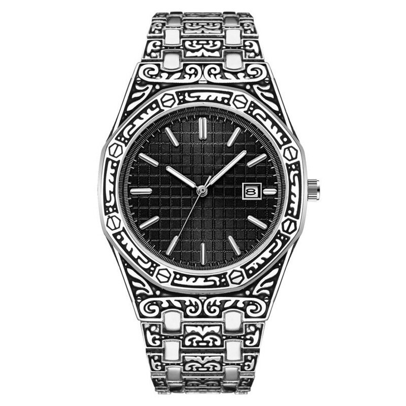 Wysokiej jakości Casual Retro zegarek męski zespół metalowy kwarcowy zegarki kalendarzowe męski wzory podkreślające styl świecący zegar