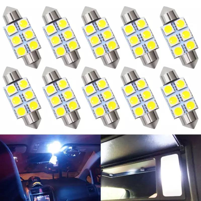 Interior Festoon Dome lâmpada de bagagem, lâmpada de leitura, porta e luz de leitura, LED branco, T10, 5050, 6LED, DC 12V, 31mm, 36mm, 39mm, 41mm, c5W, C10W, 10X