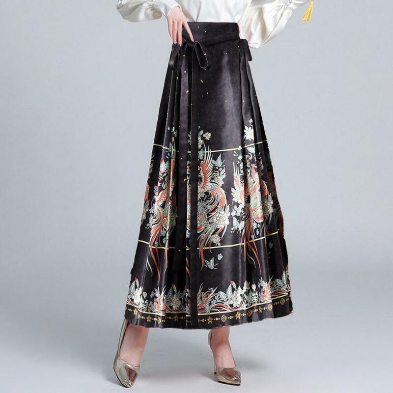 Elegant Chinese Women Maxi Skirt Vintage High Waist Phoenix Print Hanfu Skirts Pleated Lace-up Horse Face Skirt Wedding Skirts