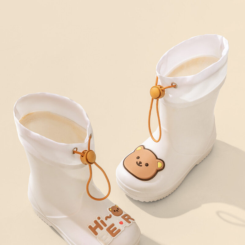 Sepatu bot hujan anak perempuan, sepatu bot hujan tali tidak licin tahan air tali pengencang kartun beruang lucu untuk bayi perempuan