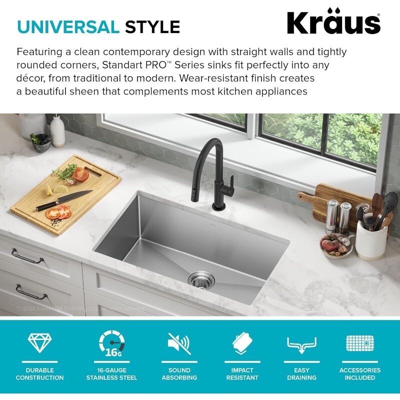 Kraus-fregadero de cocina KHU100-30, 30 pulgadas, acero inoxidable
