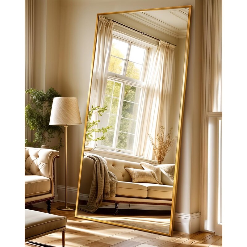 Full Length Floor Mirror com suporte, espelho de ouro grande, espelho para quarto