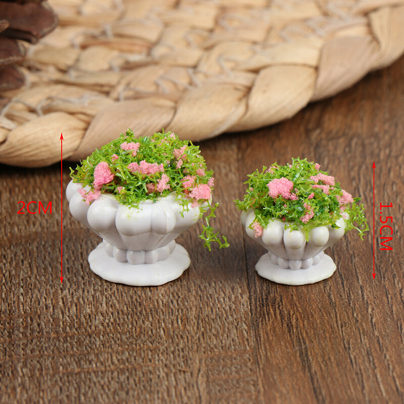 Furnitur rumah boneka, 2 buah Aksesori 1:12 tanaman Bonsai hijau Mini pot bunga