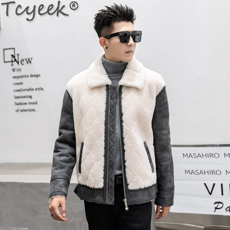 Tcyek 남성용 진짜 가죽 재킷, 따뜻한 천연 모피 코트, 짧은 진짜 모피 재킷, 남성 의류, 양가죽 100%, 럭셔리 겨울 패션