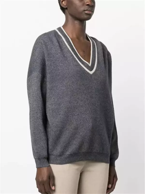 Sweater rajut leher V motif garis-garis, baju Sweater rajut lengan panjang, baju musim gugur, longgar, leher V kasual