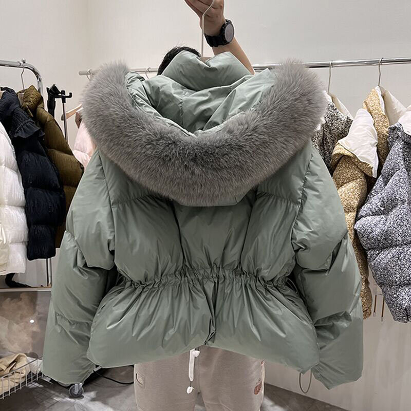 2023 여성용 대형 여우 모피 칼라 후드 다운 코트, 따뜻한 90% 화이트 덕 다운 재킷, 짧은 루즈 한국 여성 외투, 겨울 신상