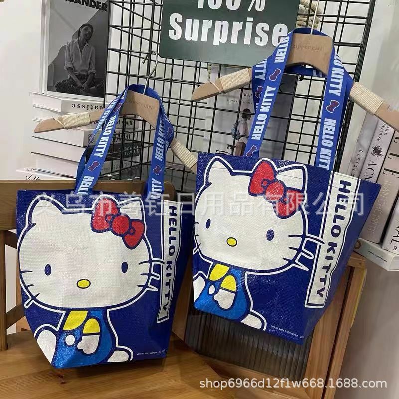 Hellos Kittys-bolsa de compras con estampado azul para niñas, bolso de compras ecológico de alta capacidad, tejido a mano, un hombro, lindo regalo