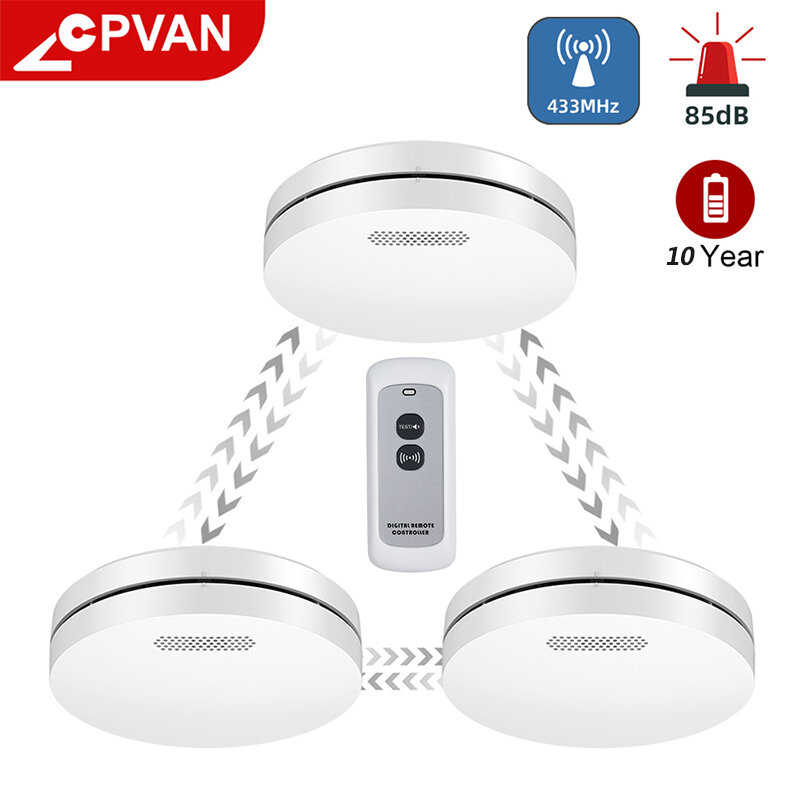 CPVAN-alarmas de humo interconectadas, Detector de humo inalámbrico, Detector de humo, 10 años de duración de la batería, sistema de Sensor de fuego de seguridad