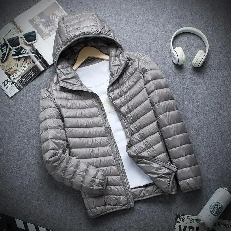Jaqueta quente ultraleve masculina, casaco curto com capuz, baixo de pato branco, elegante, outono e inverno