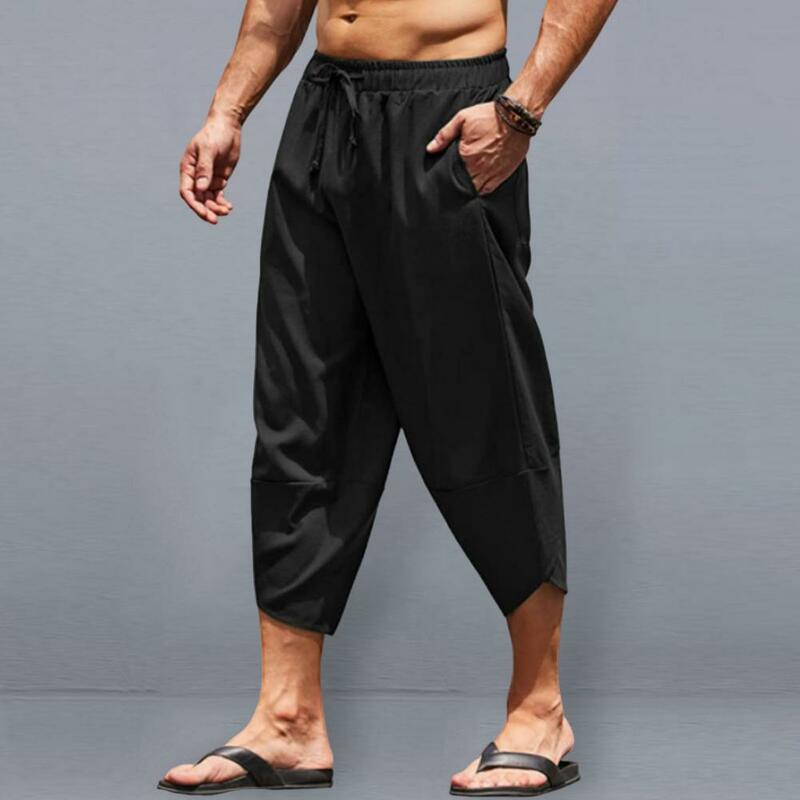Брюки мужские хлопково-льняные, однотонные укороченные штаны-султанки с широкими штанинами, дышащие льняные брюки с эластичным поясом, повседневные