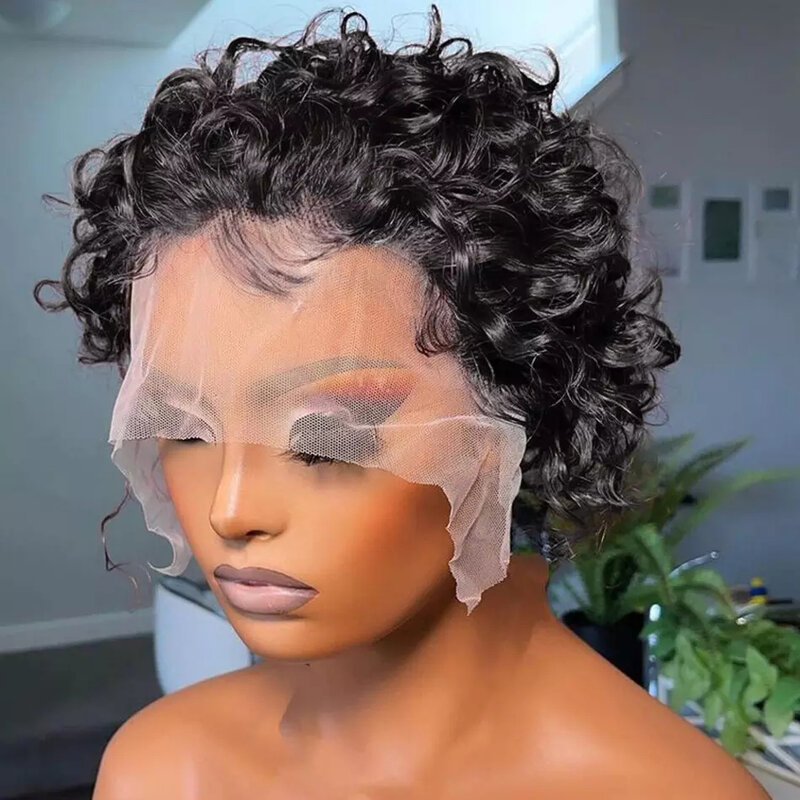 Parrucca corta riccia capelli umani parrucche Pixie Cut per le donne biondo colore nero 13x1 parrucca frontale in pizzo trasparente capelli umani onda d'acqua
