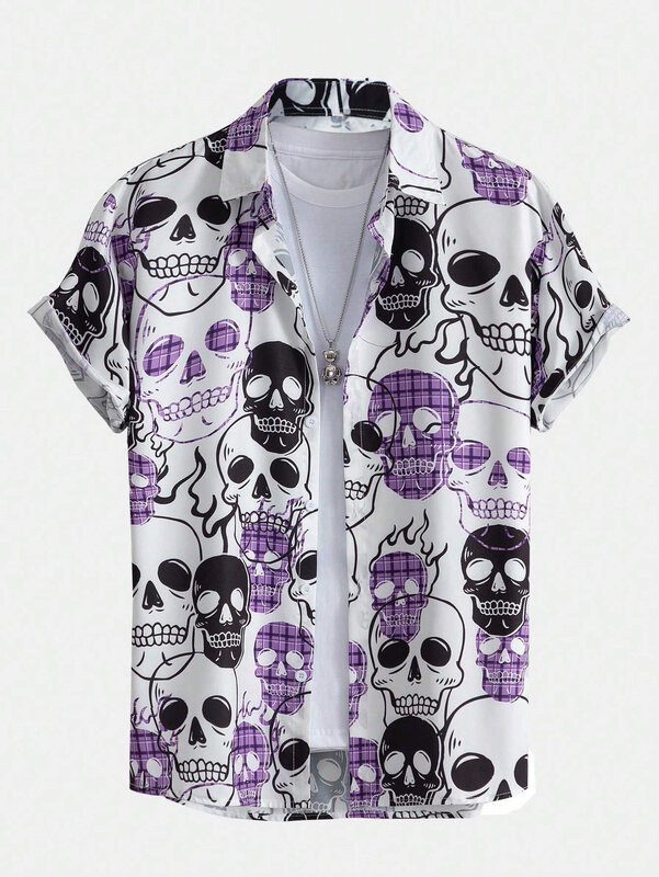Hawaiian personalized skull floral print men's and women's short-sleeved shirts seaside lapel button-down shirt tops