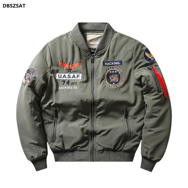 Jaket Bomber Ma1 pria, jaket Pilot Angkatan Udara kasual model militer pria bulu tebal mantel beludru musim dingin pria hijau biru Khaki