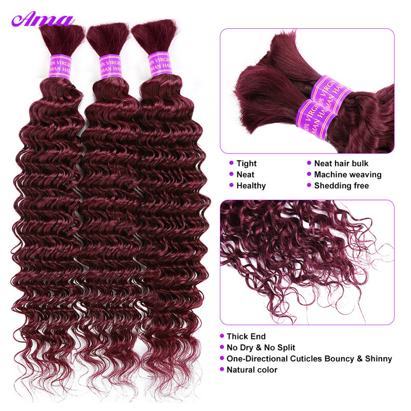 99j-extensiones de cabello humano para mujer, mechones de cabello humano ondulado profundo, sin trama, Borgoña, 100g