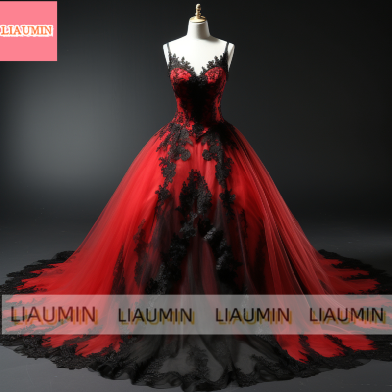 Vermelho e preto Lace Edge Applique vestido de baile, V Neck, Comprimento total, Lace Up Back, Vestido de noite, Ocasião Formal, Elagant Vestuário, W3-7
