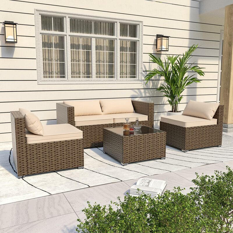 5 Piece Wicker Patio Furniture Set,Outdoor Sectional Rattan Sofa Set with Soft Cushion and Glass Table,All Weather Suitable