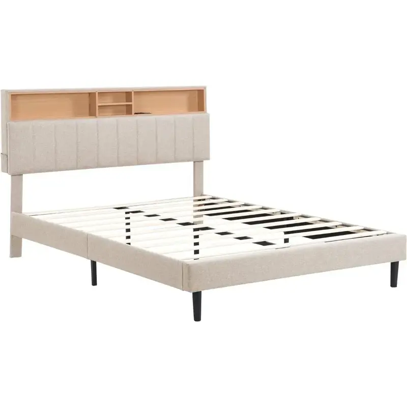 Muebles de dormitorio con marco de cama, cabecero ajustable con almacenamiento y puertos USB, completo, gris, plataforma tapizada moderna, sin resorte