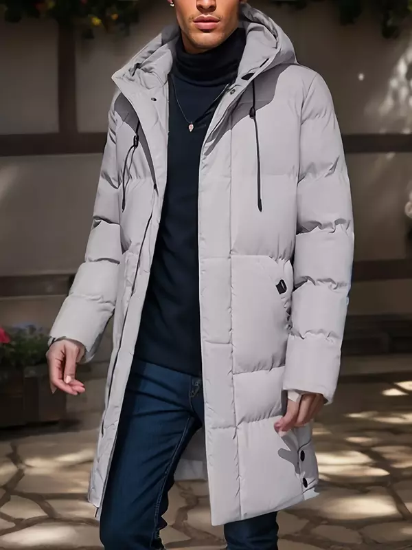 2024 Warm Hooded Mid-length Jacket Mens Casual Zip Up Cotton Padded Jacket Overcoat Autumn Winter Windbreaker Coats Men Clothing